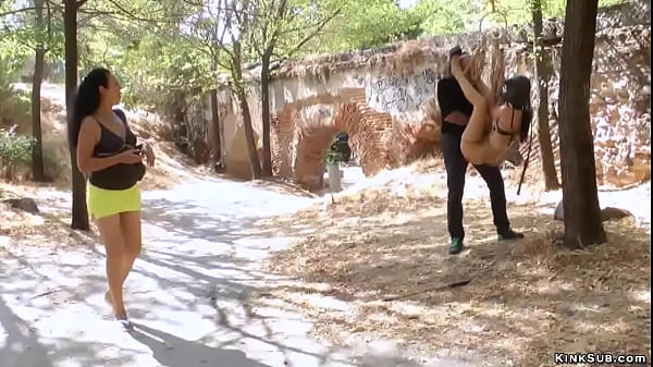 Bare boobs brunette slave Carol Vega walking in public streets then bound in the park hard fucked by master Omar Galanti then banged in local bar