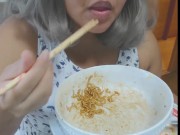 Cute feedee eats noodles for her feeder
