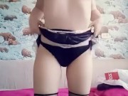 Little 18y.o. maid dances striptease and fondles her pink pussy