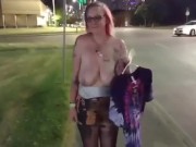 Topless huge tits amateur in public