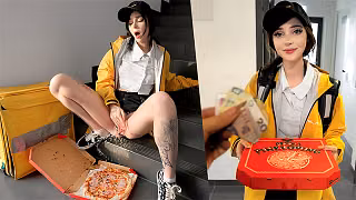 The courier masturbated and squirted on the pizza. She delivered the cum-covered pizza to the customer - pinkloving