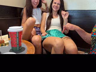 The guys couldn't resist when we took off our panties in a cafe and put plugs in our asses