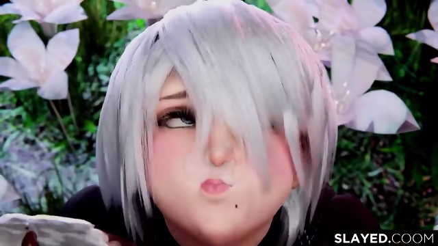 2B ahegao chokes his big black penis spits sperm in all directions