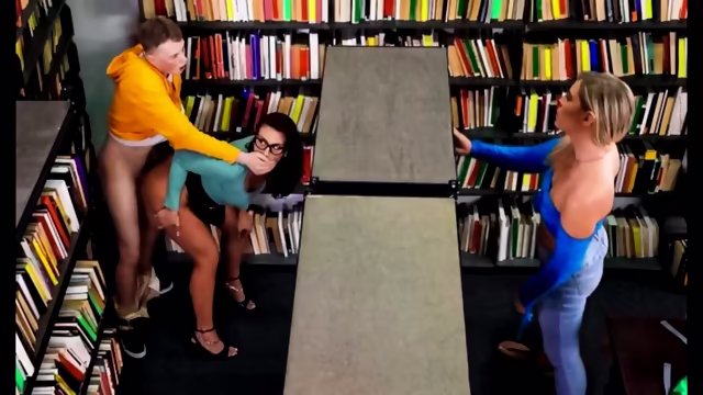 A brunette with glasses gave a cap to a student in the library