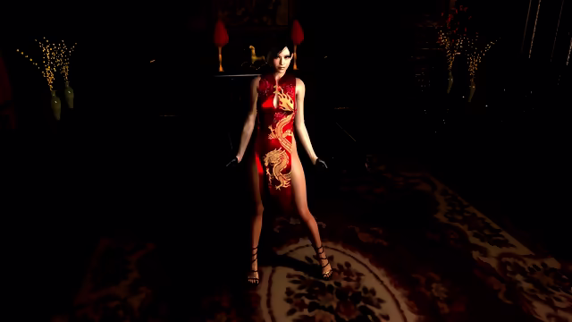 Demure spy Ada Wong in skimpy red dress ready to exchange her body for info