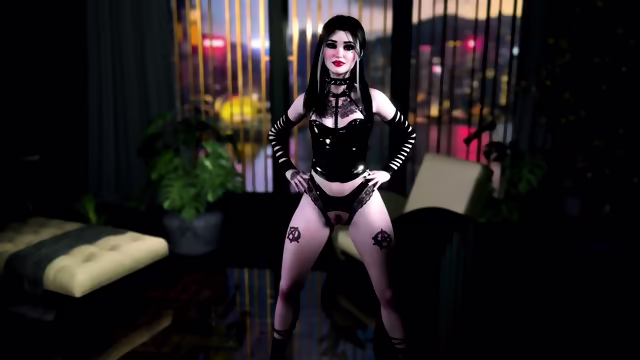 Young goth girl in sexy latex outfit shows off her pale tattooed body
