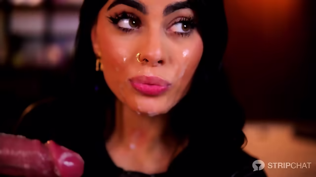 sexy brunette covered in cum dildo blowjob